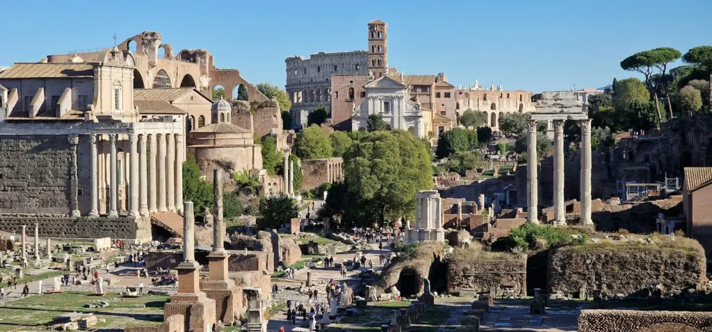 Ruins, columns and temples of the Roman Forum seen from above