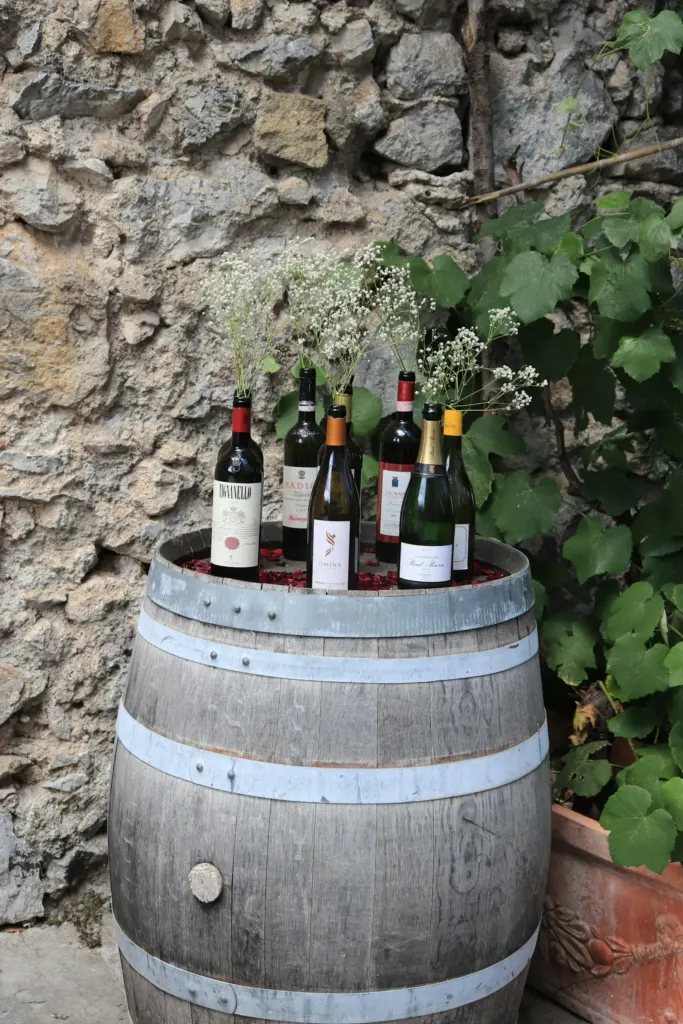 Bottles of Italian red wine on a barrel with vine leaves